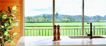 The Farmette on top of the hill, with great views, and friendly animals