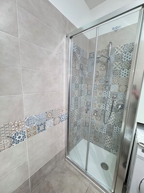 Shower, hair dryer, bidet, towels