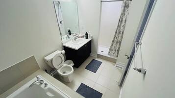 Shower, towels, soap, shampoo