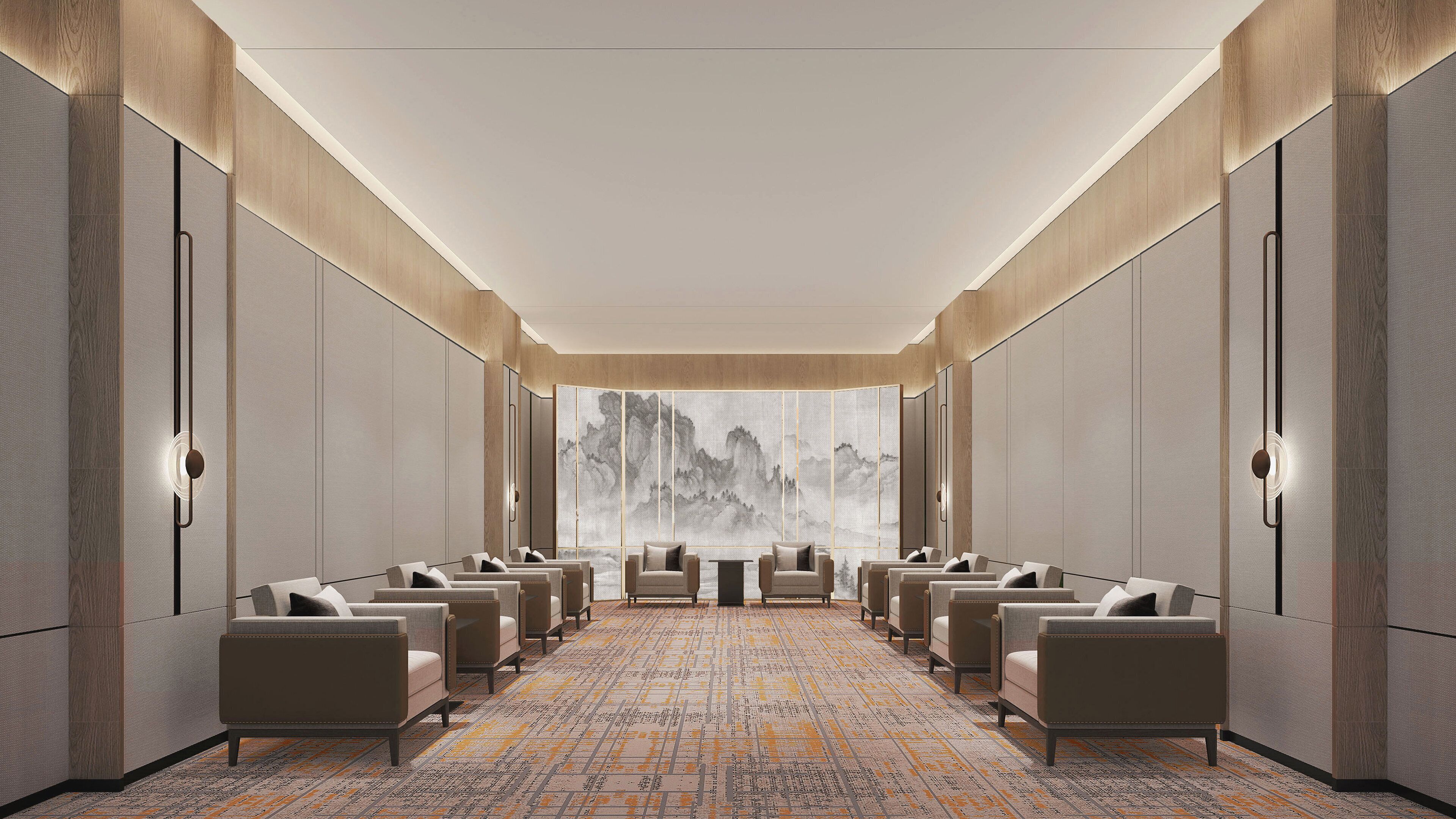 Un vestíbulo de hotel con una fila de asientos, una alfombra estampada y un gran mural en la pared.