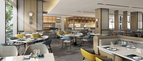 A modern restaurant with marble tables, upholstered chairs, and a view of the kitchen.