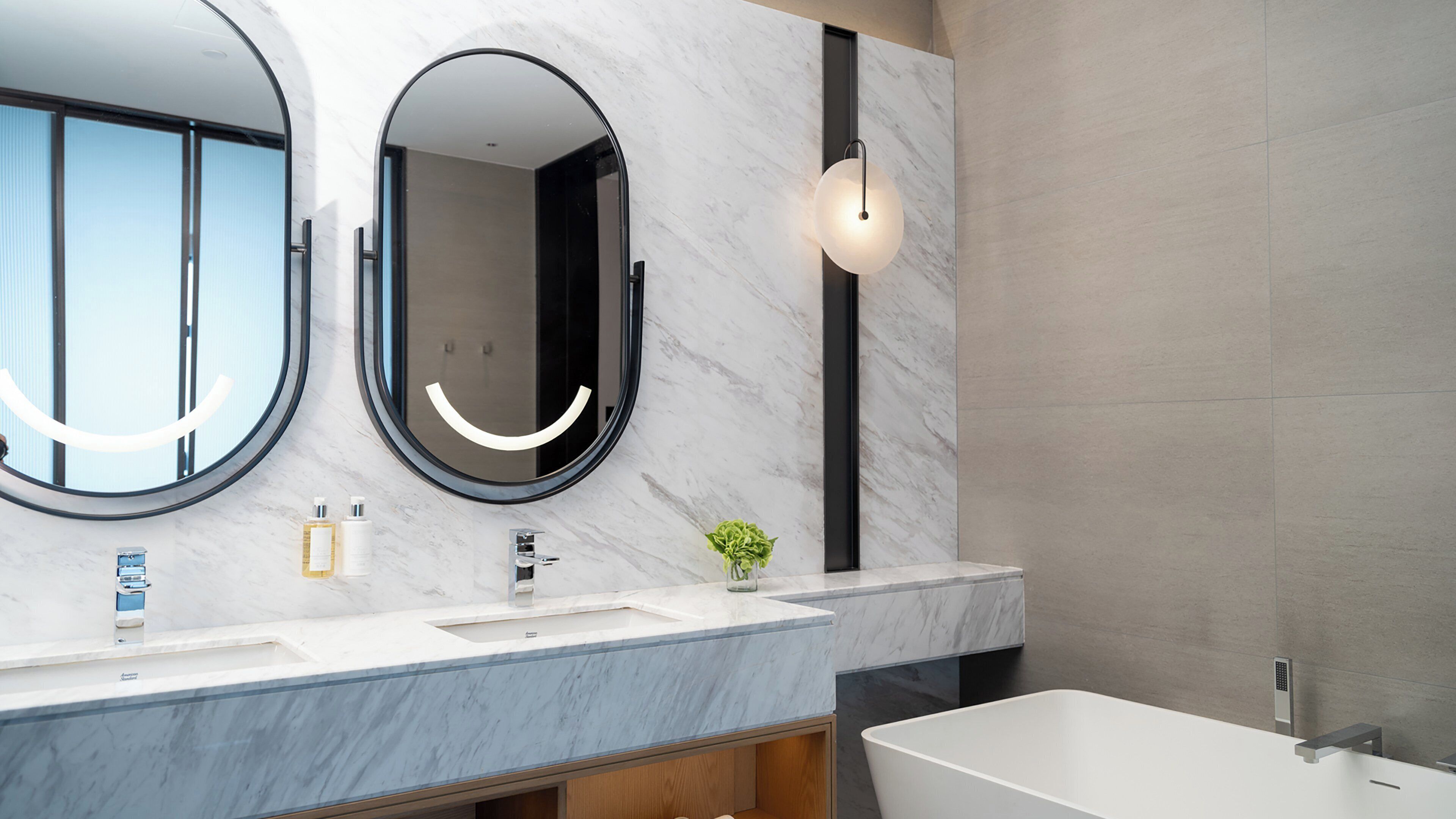 A modern bathroom with a marble vanity, two round mirrors, a small plant, and a bathtub.