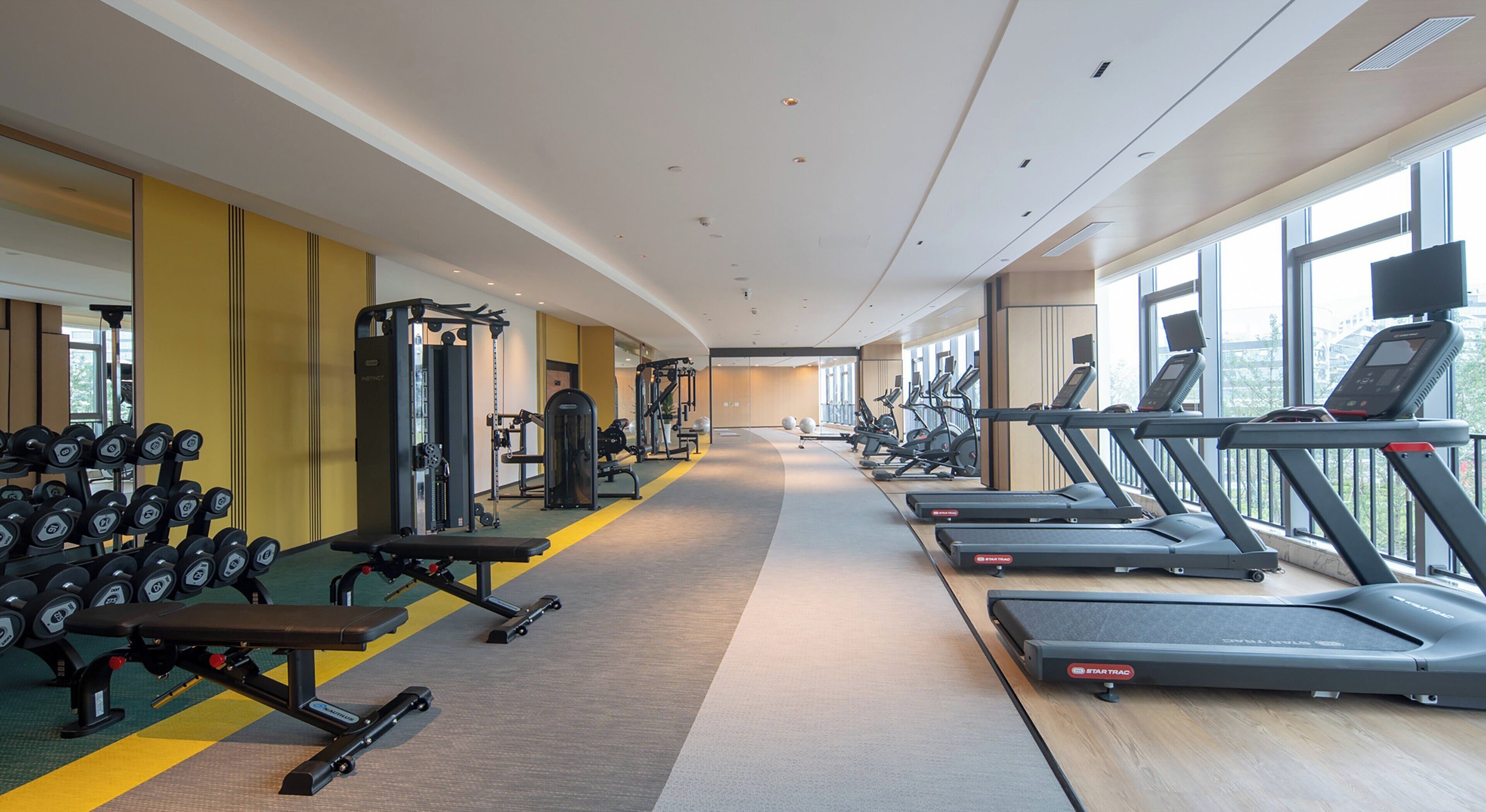 A modern gym with treadmills, dumbbells, and weight machines.