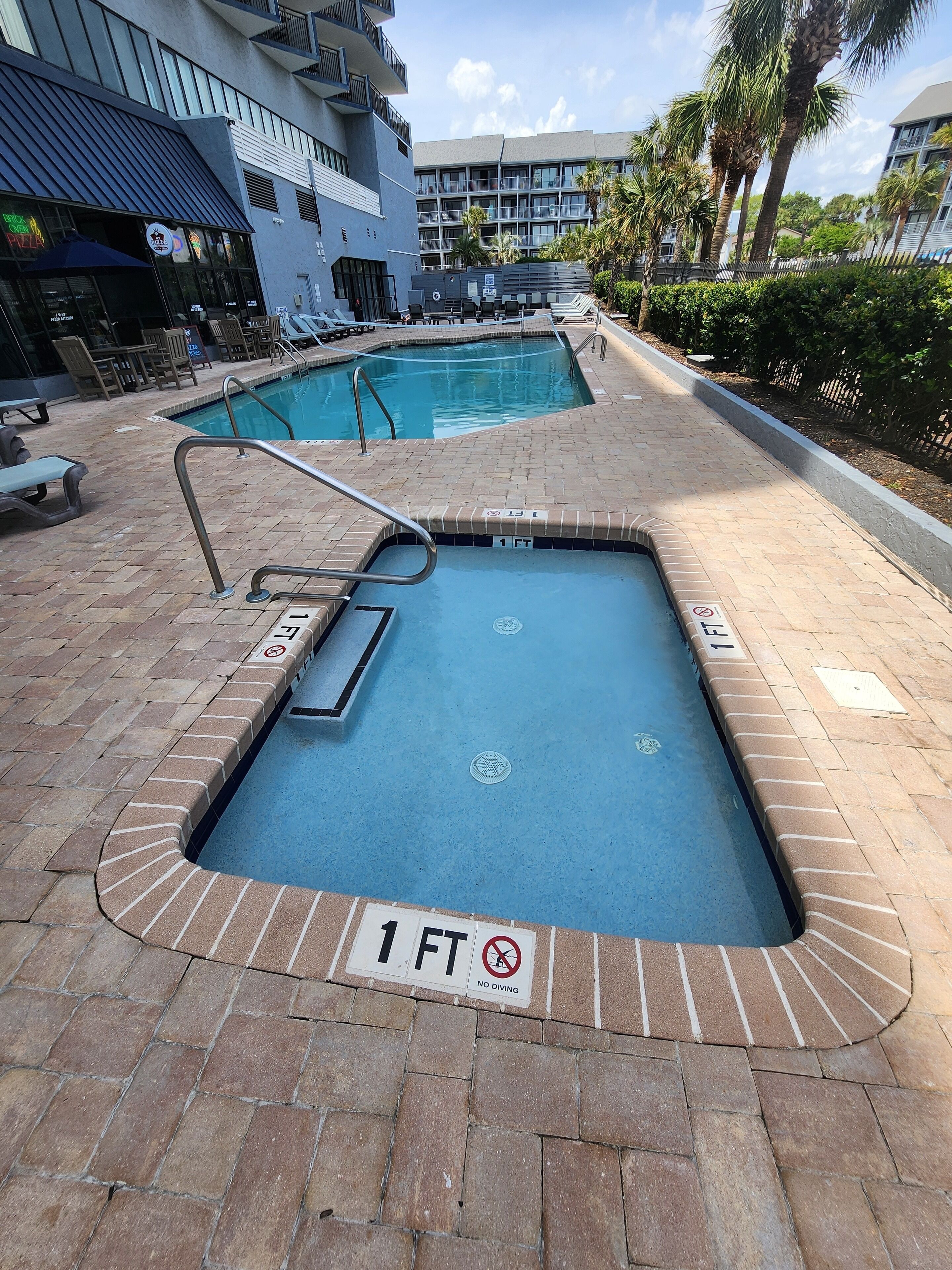 A swimming pool with a 1 FT no diving sign, surrounded by brick tiles and palm trees.