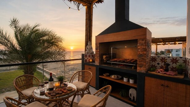 A balcony with a grill, wicker chairs, a table with food and drinks, and a sunset view. - Hermosa Casa Frente AL MAR CON Piscina Privada (low chincha)