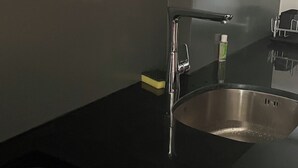Ett modernt kök med en svart induktionshäll, en diskho i rostfritt stål och träskåp.