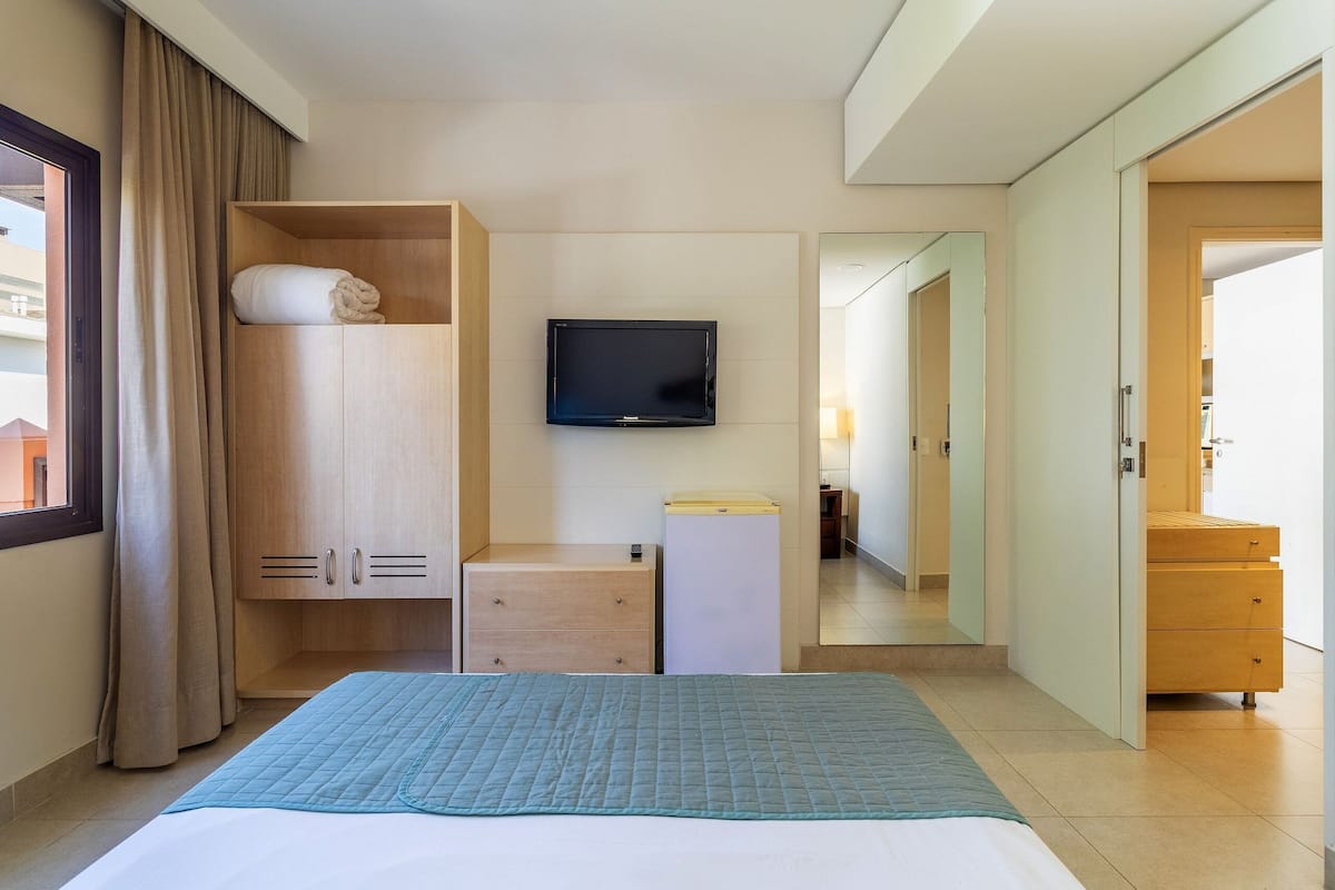 Une chambre d’hôtel équipée d’un lit, d’une télévision, d’une armoire, d’un bureau et d’un miroir.