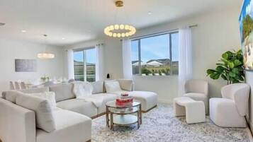 Smart TV, fireplace, foosball