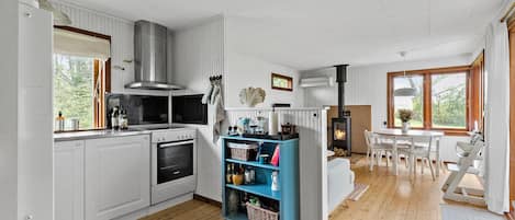Fridge, stovetop, dishwasher, coffee/tea maker