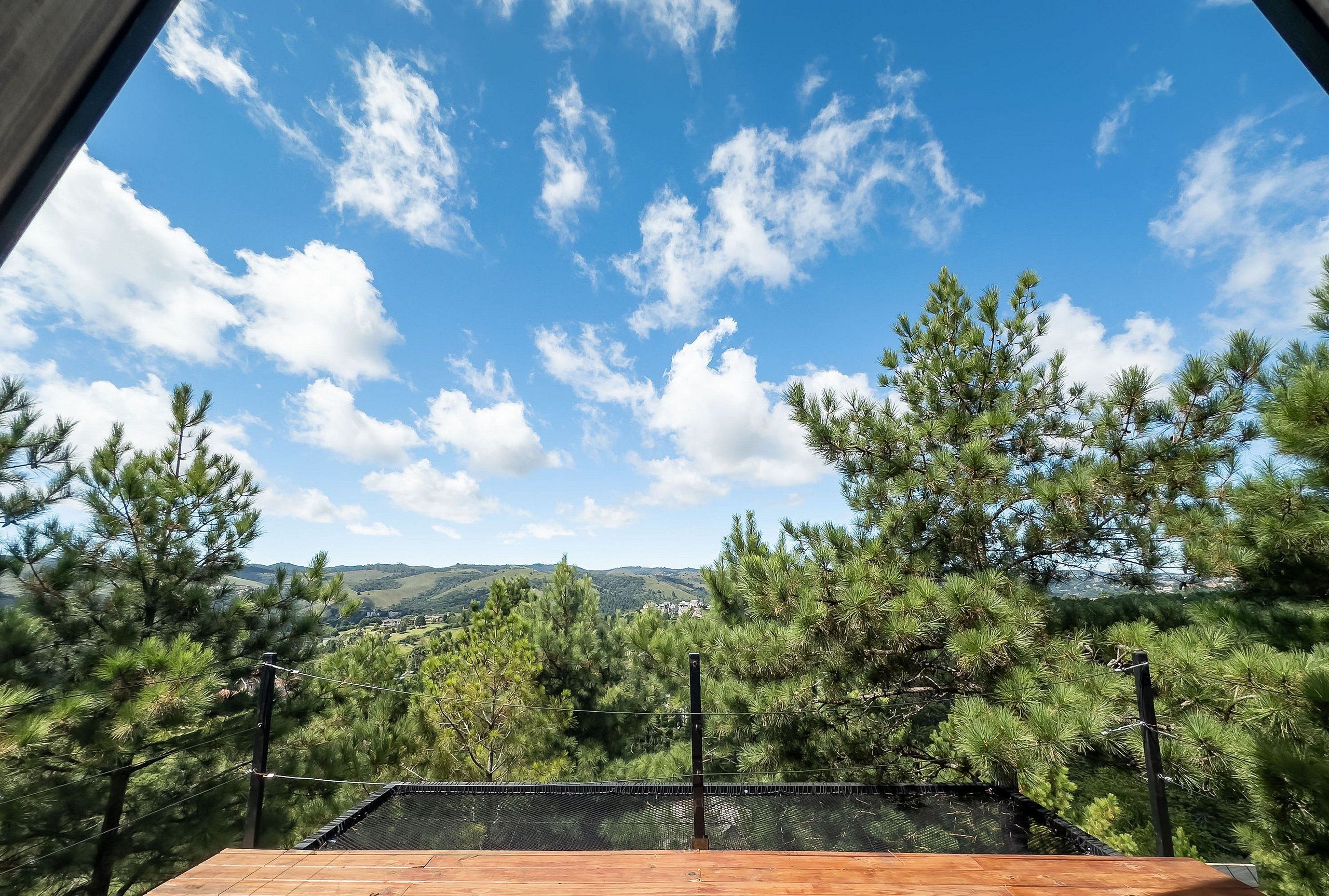 A view from a window overlooking a forested landscape with a clear sky.