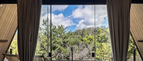Una habitación con terraza de madera, cortinas y vistas a árboles y al cielo.