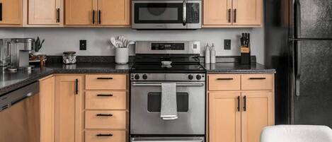 Fridge, microwave, oven, stovetop