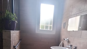 Kylpyhuoneessa on kaksi pesuallasta, ikkuna, ruukkukasvi ja puinen allaskaappi.