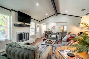 Smart TV, fireplace, table tennis, books