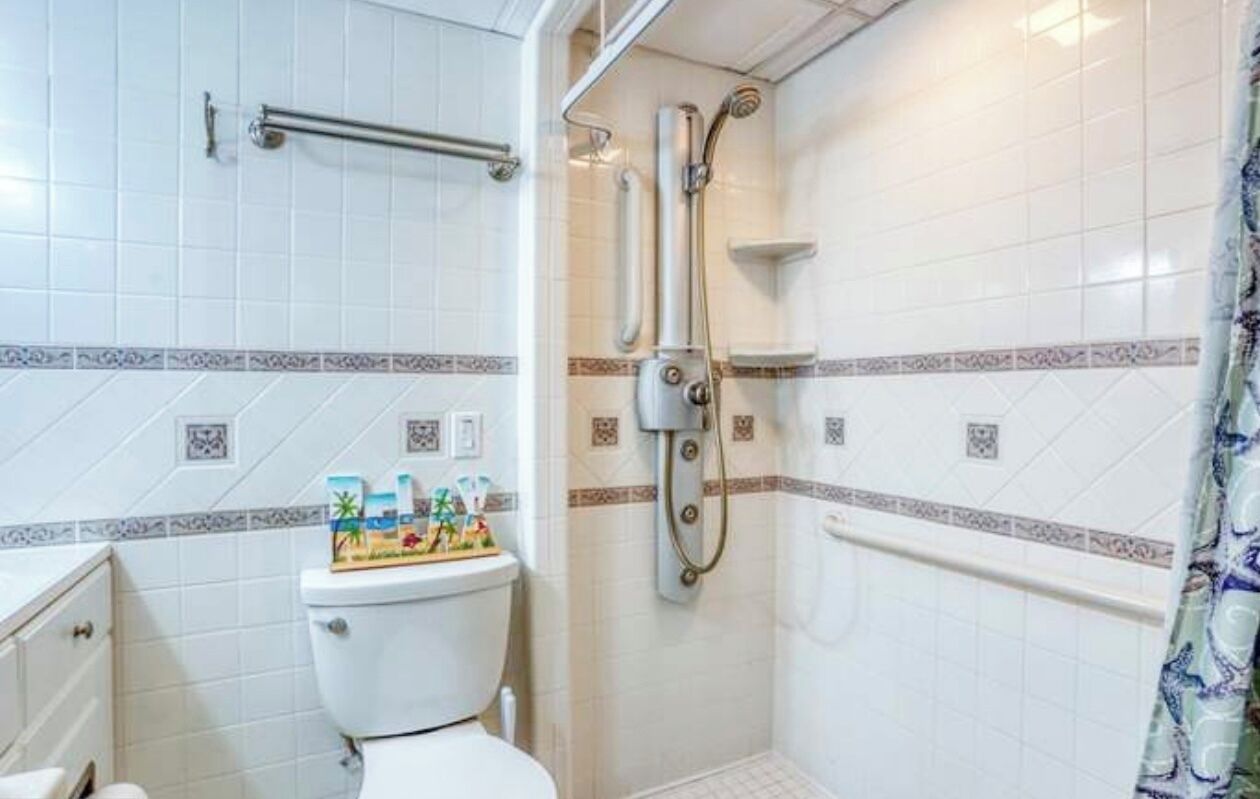 A bathroom with a toilet, a shower with a handheld showerhead, and a grab bar.