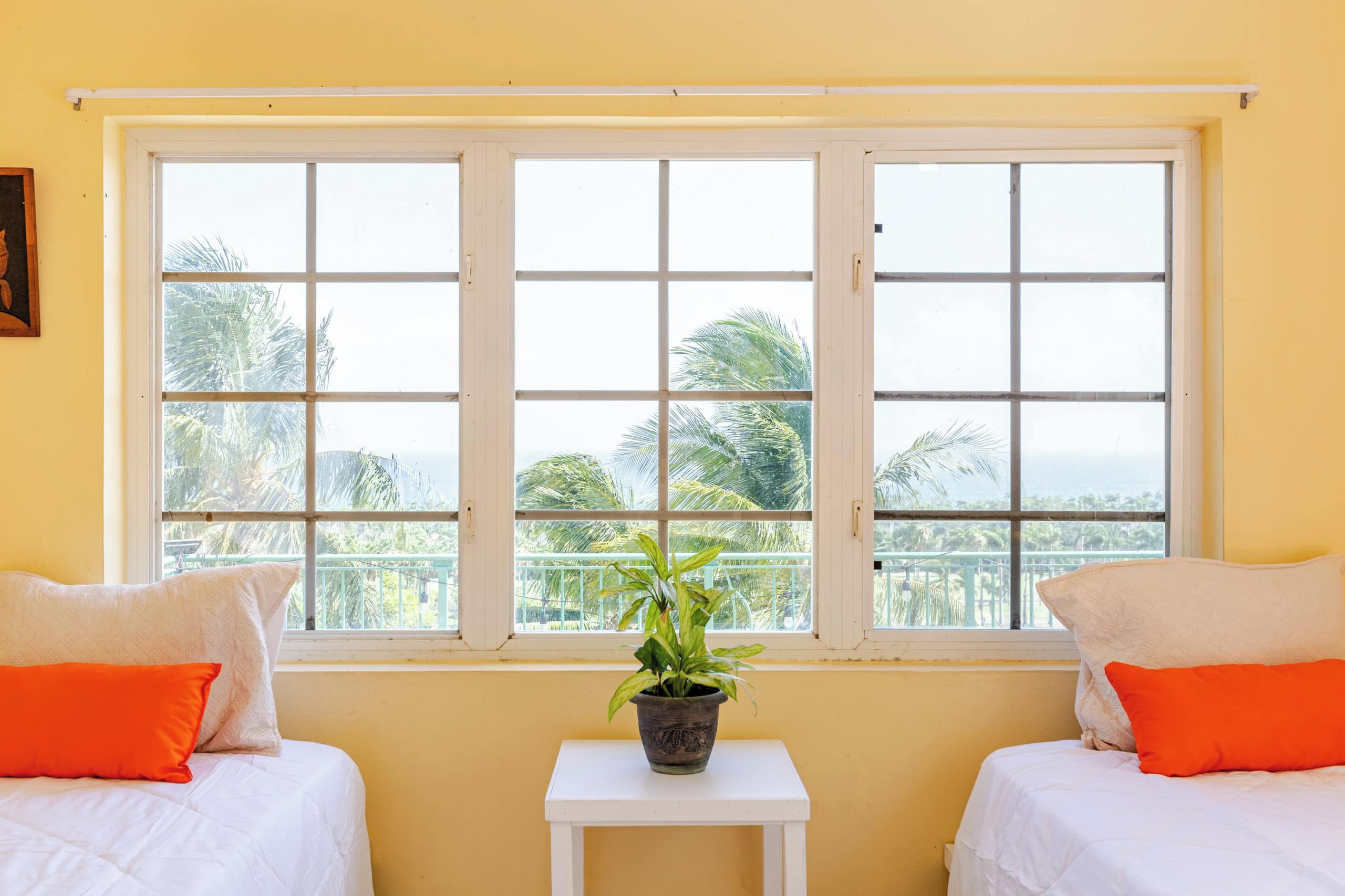 A room with two beds, a small table with a plant, and a large window with a view of palm trees.