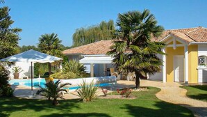 A residential property with a swimming pool, palm trees, and a covered patio area. - Beautiful home in Léon (Léon)