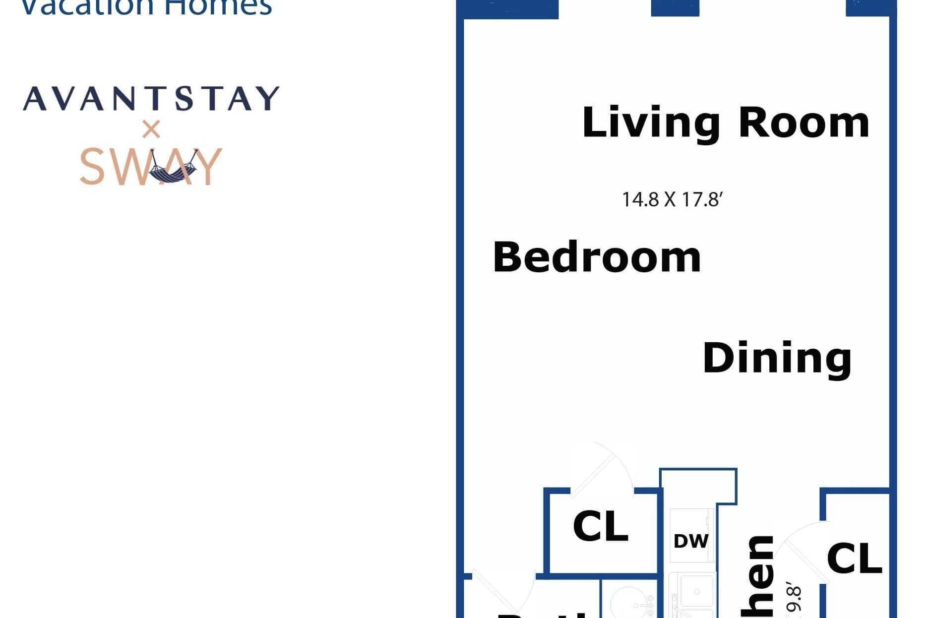 A floor plan of a vacation home with a living room, bedroom, and dining area.