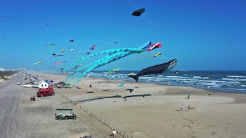 A beach with a row of parked vehicles and a golf cart.