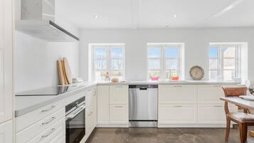 Fridge, stovetop, dishwasher, coffee/tea maker