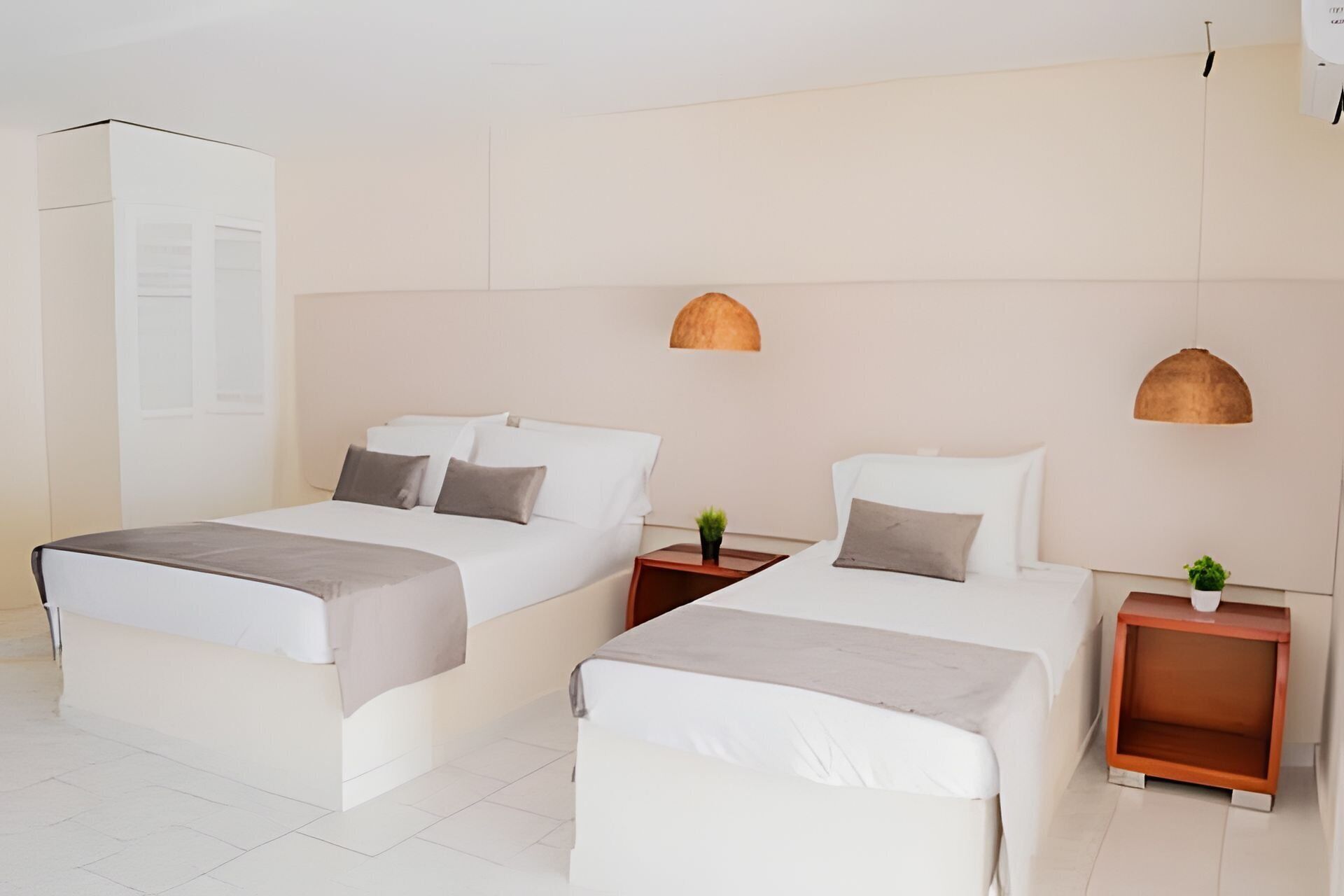 Habitación de hotel con dos camas, un armario y una pequeña mesa con una planta.