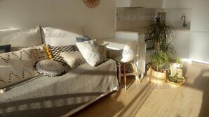 Una sala de estar moderna con un sofá, cojines decorativos, una mesita y una planta en maceta.