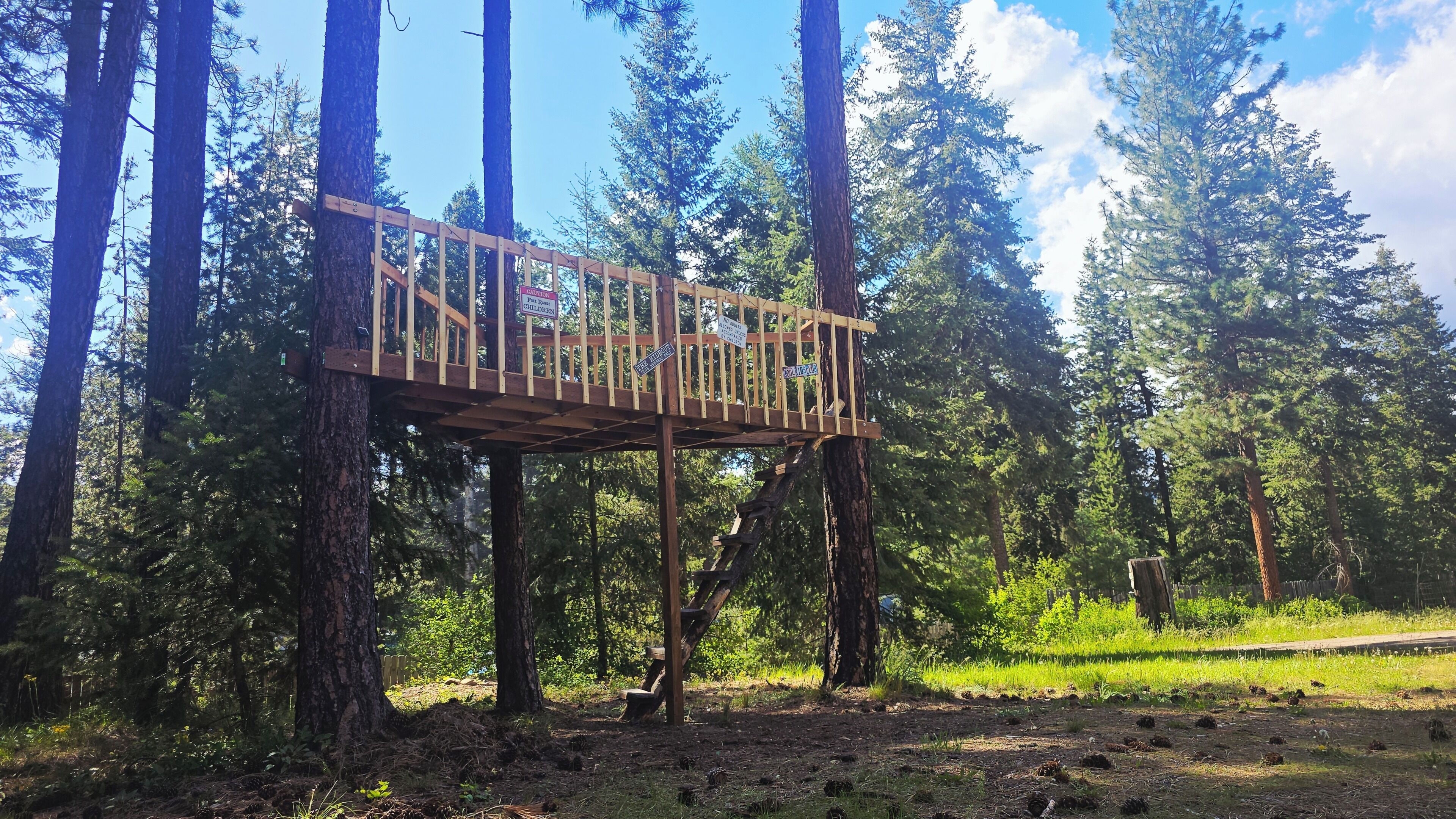 Una plataforma de fusta en un bosc amb indicadors que diuen 'Forest Road Children' i 'Alaska Highway'.