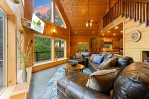 Smart TV, fireplace, foosball, books