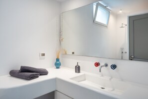 Shower, hair dryer, towels