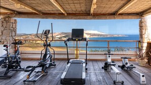 Ein Outdoor-Fitnessbereich mit Trainingsgeräten, einer Holzterrasse und einem malerischen Blick auf Meer und Berge.