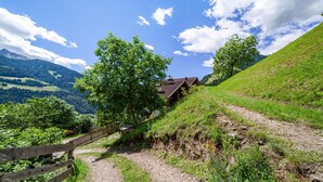 Un sendero rural que lleva a una cabaña tradicional, con cerca de madera y vistas claras de las montañas circundantes.