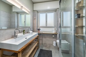 Shower, hair dryer, towels
