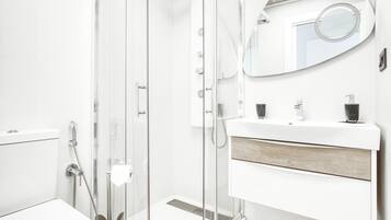 Shower, hair dryer, towels
