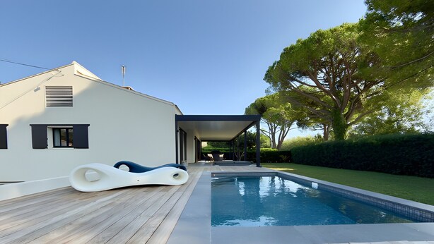 Una casa moderna amb piscina, terrassa de fusta i zona d'estar coberta a l'aire lliure.