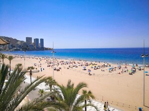 Une plage où l’on voit des gens se prélasser au soleil et nager, des palmiers et des bâtiments en arrière-plan.