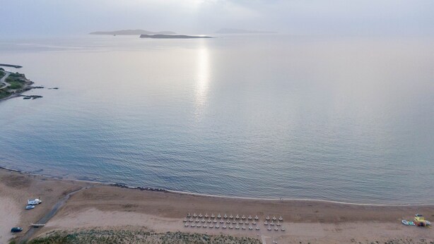 Ein Strand mit einer Reihe von Sonnenschirmen und einer Straße, die zum Wasser führt.