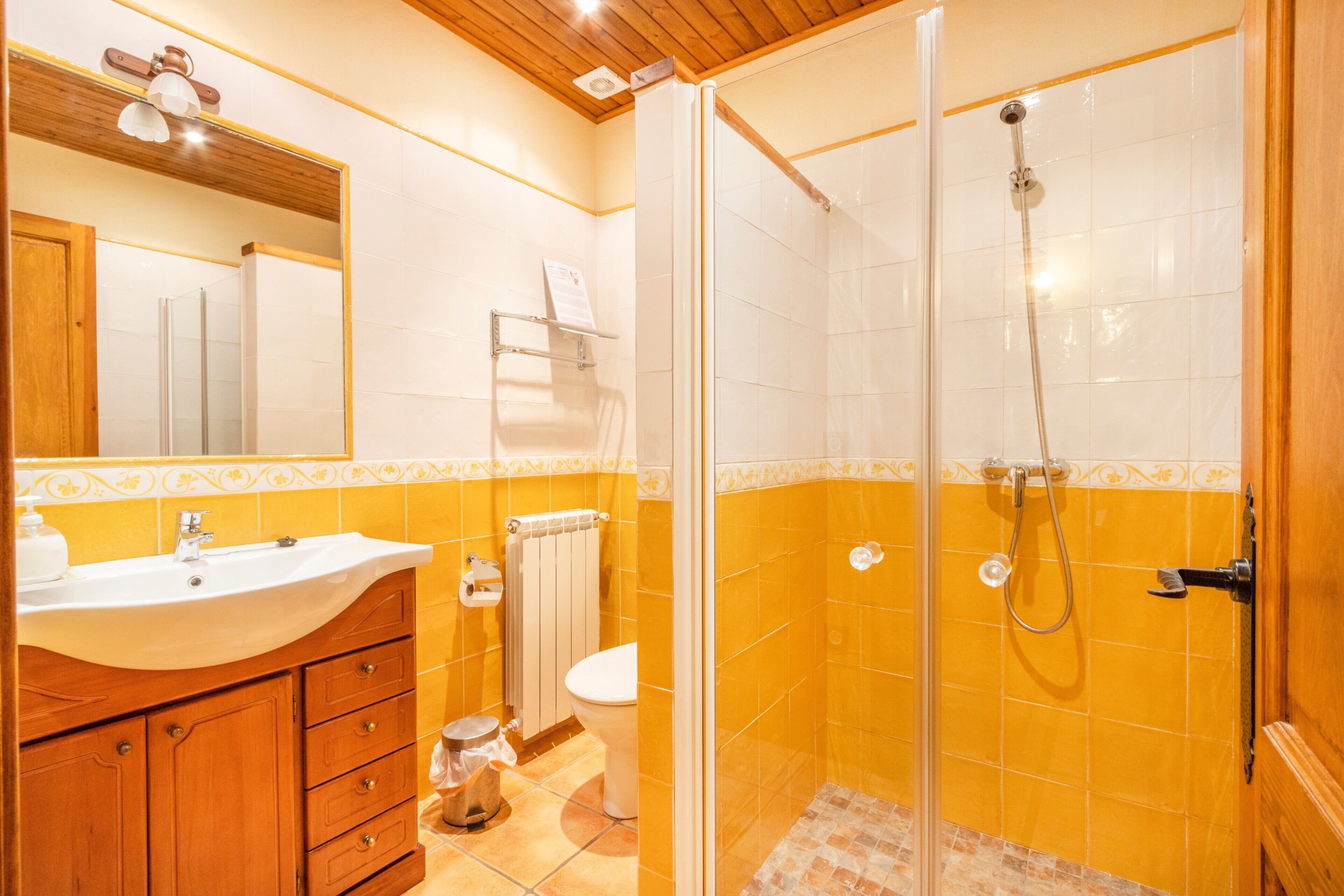 Une salle de bain équipée d’un lavabo, d’un miroir, de toilettes et d’une douche.