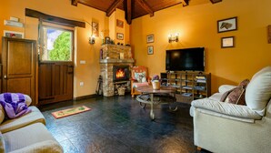 A cozy living room with a fireplace, a television, and a comfortable seating area. - Holiday Home 'Maseda 2' with Mountain Views, Shared Terrace & Private Garden (Villayon)