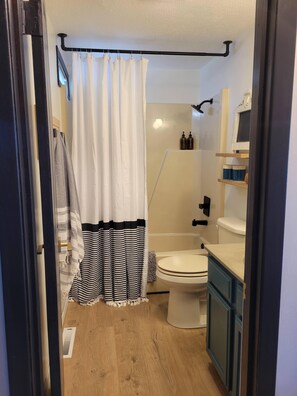 Hair dryer, towels, soap, shampoo