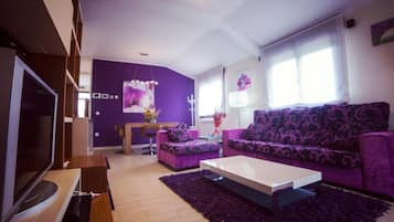 Télévision, cheminée, lecteur de DVD, table de tennis de table
