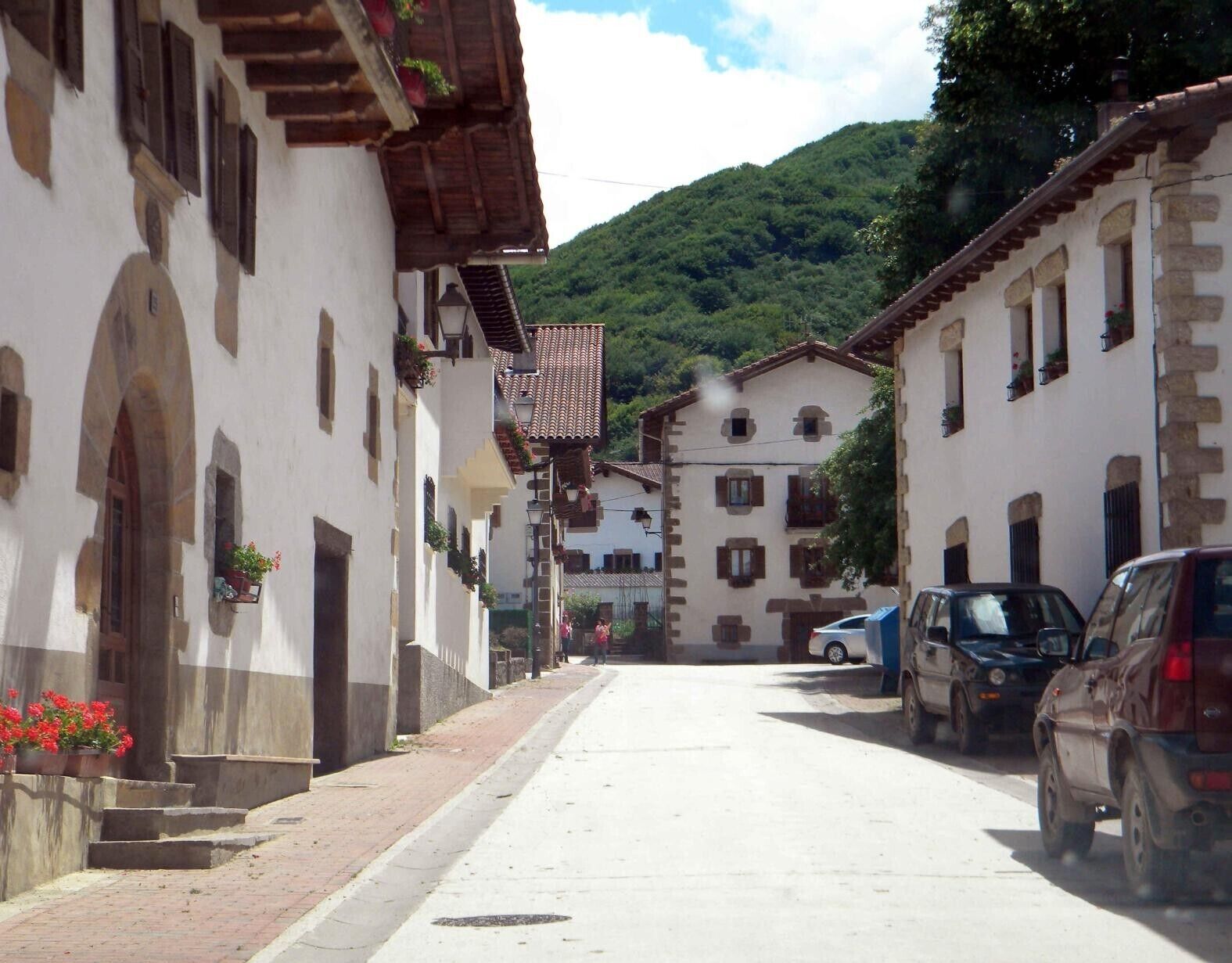 A narrow street lined with traditional buildings, some with balconies and flower boxes.