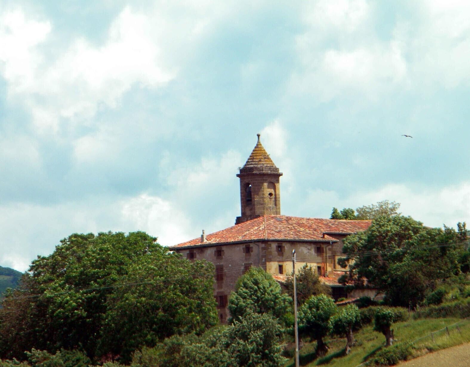 A historic building with a bell tower, surrounded by lush greenery and trees.