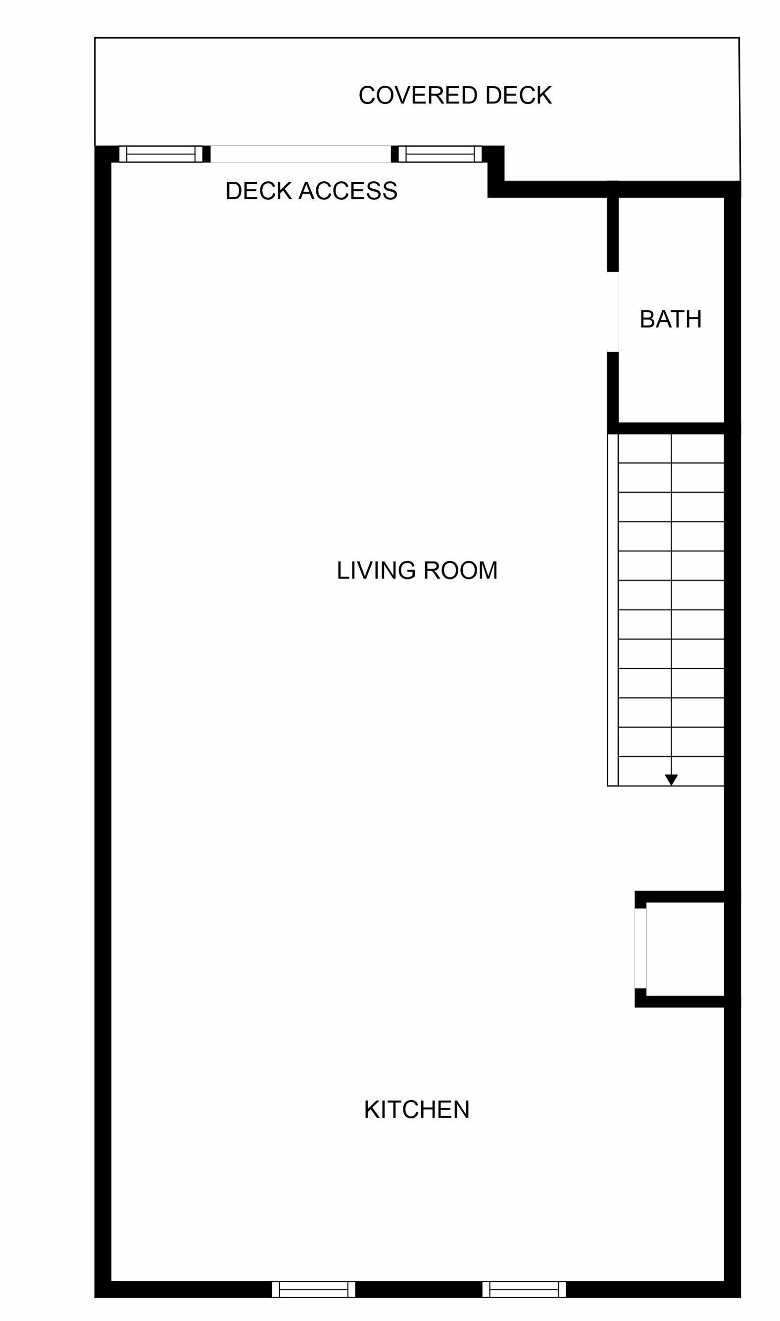 A floor plan with a covered deck, deck access, a living room, a bath, and a kitchen.
