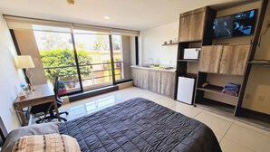 Un dormitorio moderno con una cama grande, un escritorio y un televisor.