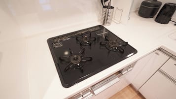 Fridge, microwave, stovetop, cookware/dishes/utensils
