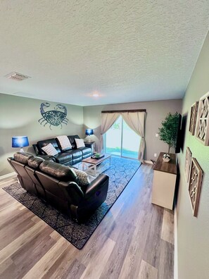 Smart TV, fireplace, foosball
