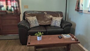 A living room with a dark leather sofa, two decorative pillows, a wooden coffee table with a potted plant, a remote control, and a magazine. - Norfork Lake - Quaint 2 bedroom, no stairs. By the pool -camp store - pavilion. (Elizabeth)