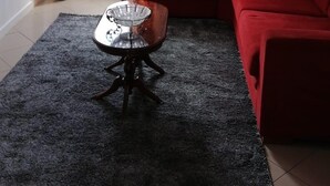 Una sala de estar con un sofá rojo, un tapete negro, una mesita de centro, una planta en maceta y un cuadro en la pared.