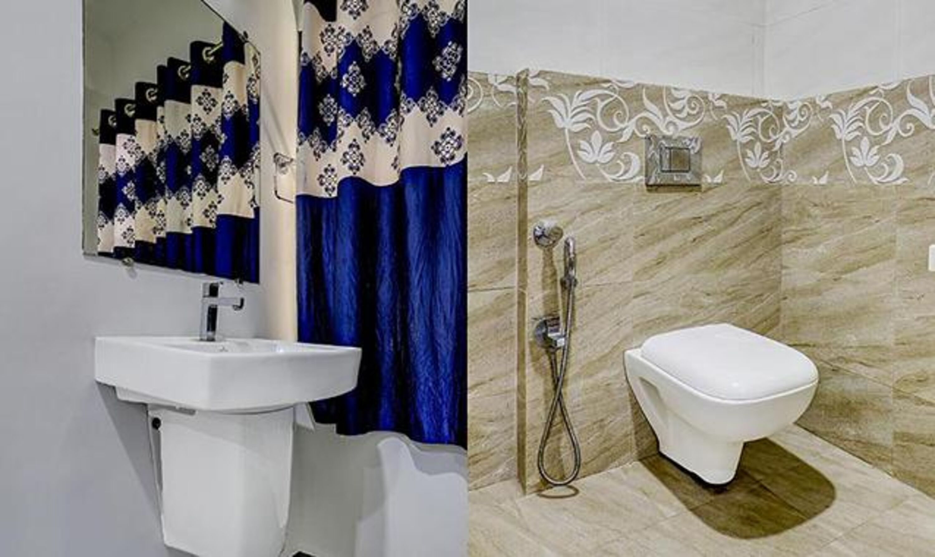 Ein Badezimmer mit einem weißen Waschbecken, einem Spiegel und einer Dusche sowie einer weißen Toilette.