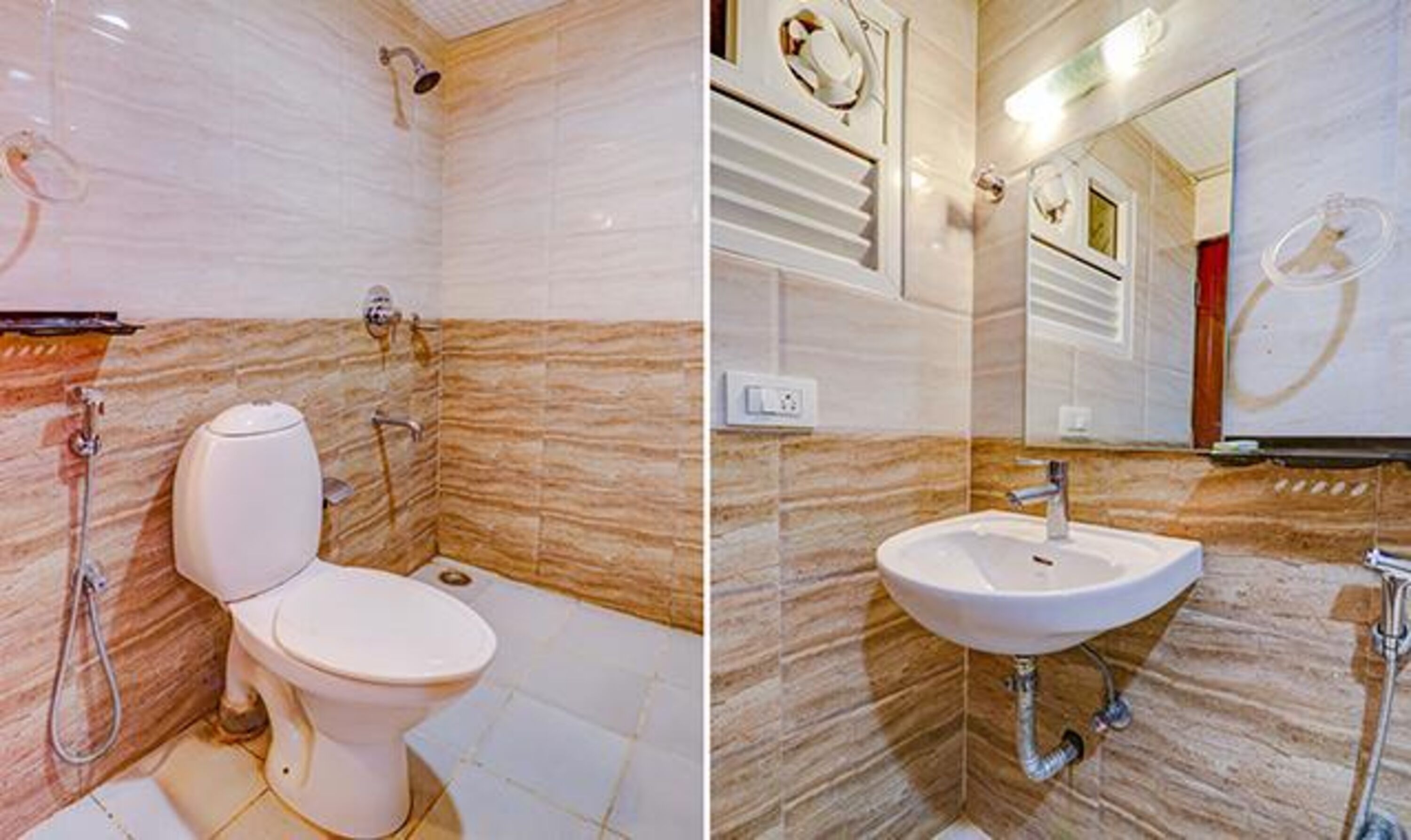 Un bagno con il water, doccia e lavandino.